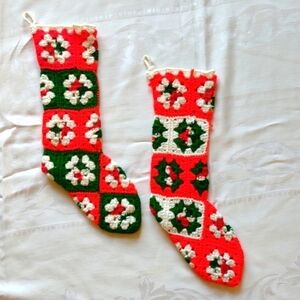 Vintage 2 Granny Square Christmas Stocking Socks Christmas Red Green 70s Crochet